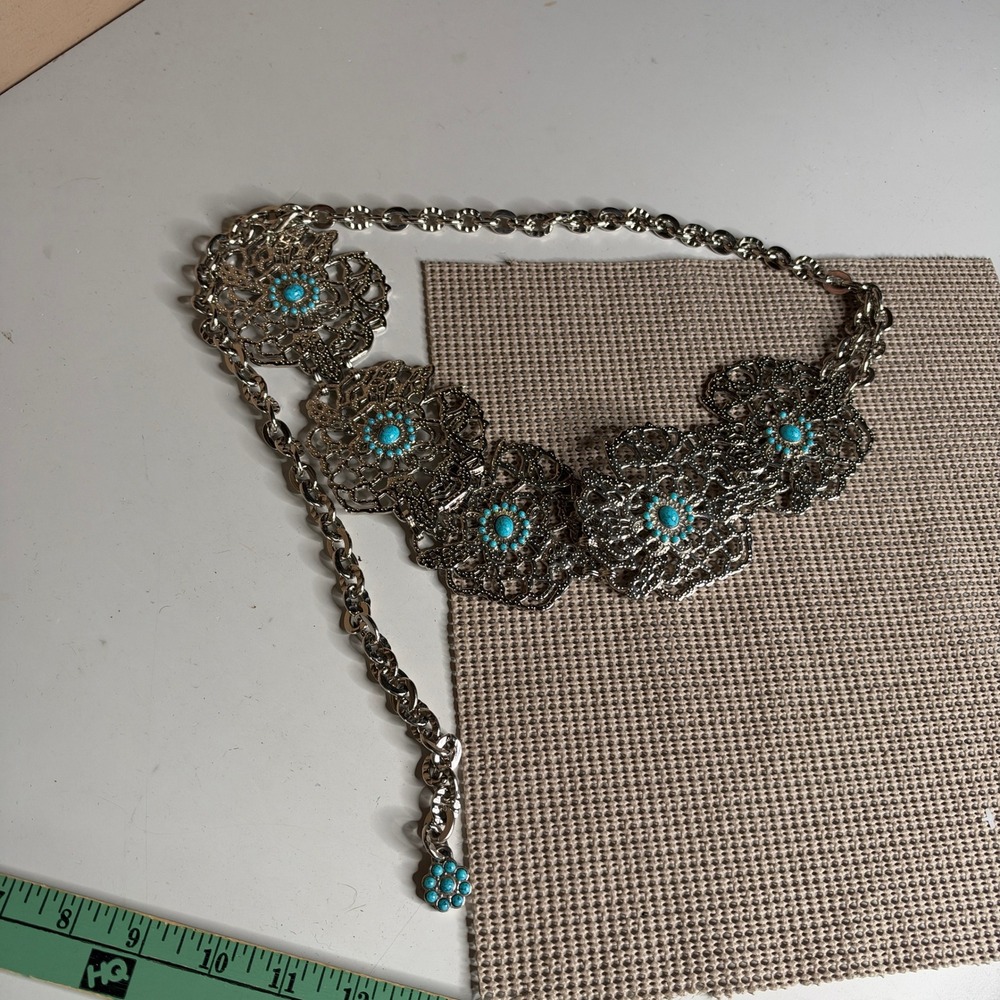 Western Silver Filigree Turquoise Faux Stone Medallion Chain Belt Adjustable